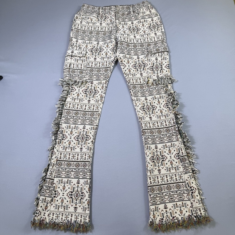 Rockstar Original Jeans Mens 32x36 Ayami Slim Flare Tapestry Beige Fringe Cargo